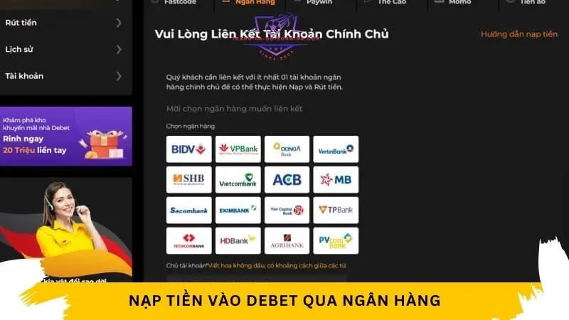 Hướng dẫn nạp tiền Debet bằng ngân hàng