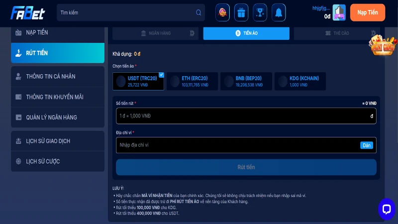 Quy trình thực hiện rút tiền tại nhà cái Fabet