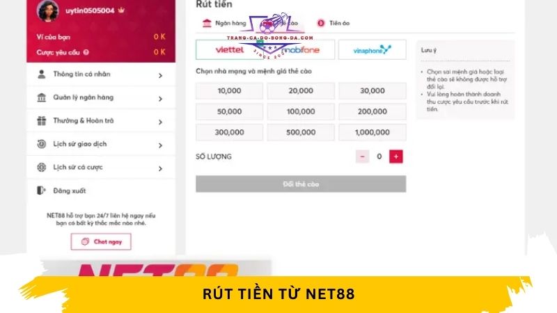 Hướng dẫn rút tiền từ Net88