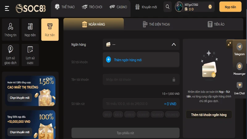 Hướng dẫn rút tiền nhanh chóng tại Soc88 